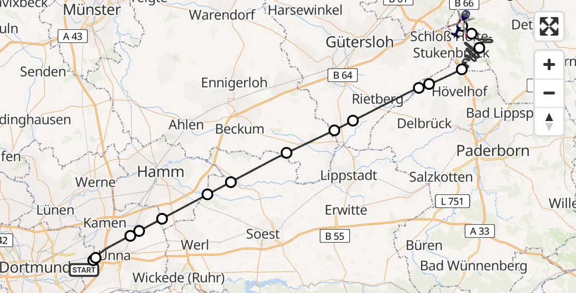 Flugroute Polizeihubschrauber Dortmund Flughafen - Oerlinghausen Flugplatz, 14 August 2026, 20:23