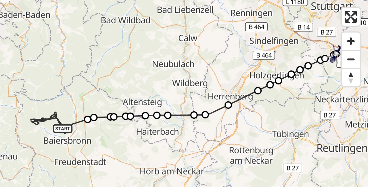 Flugroute Polizeihubschrauber Baiersbronn - Flughafen Stuttgart, 14 August 2026, 20:27