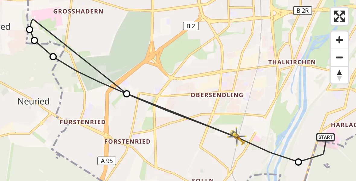 Flugroute Rettungshubschrauber ADAC Air Rescue Center Hubschrauberlandeplatz (Christoph 1) - München, 14 August 2026, 20:45
