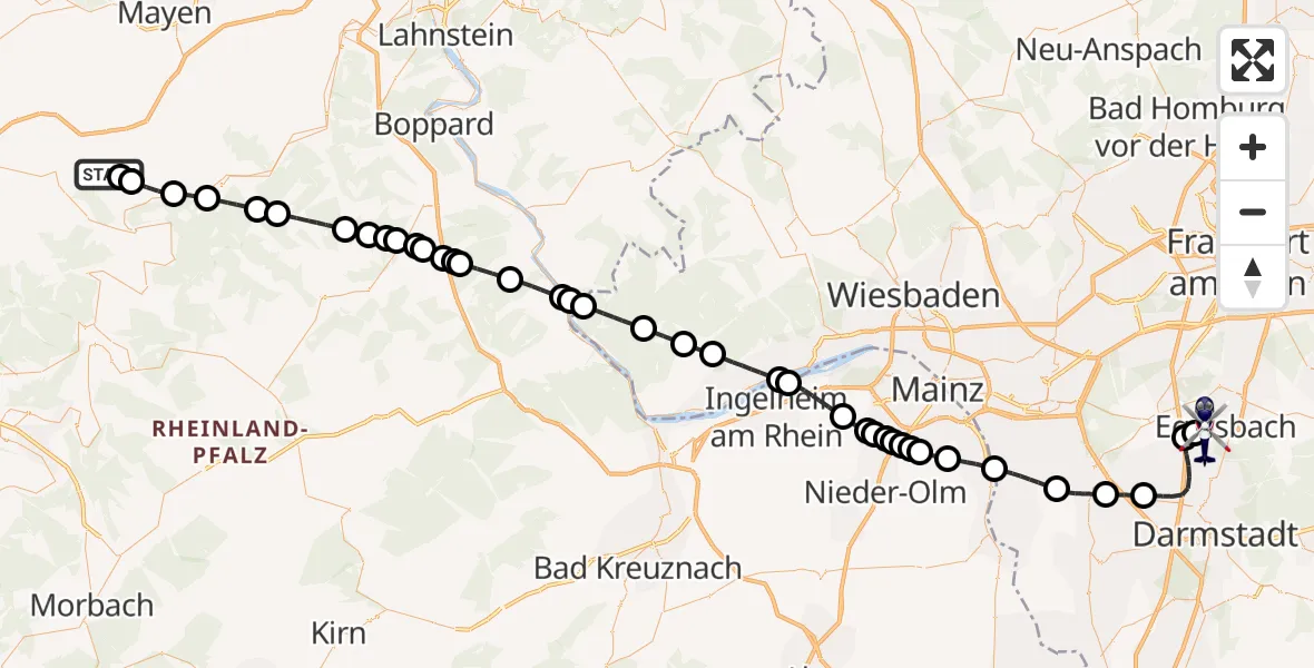 Flugroute Polizeihubschrauber Greimersburg - Flughafen Frankfurt-Egelsbach, 14 August 2026, 20:51