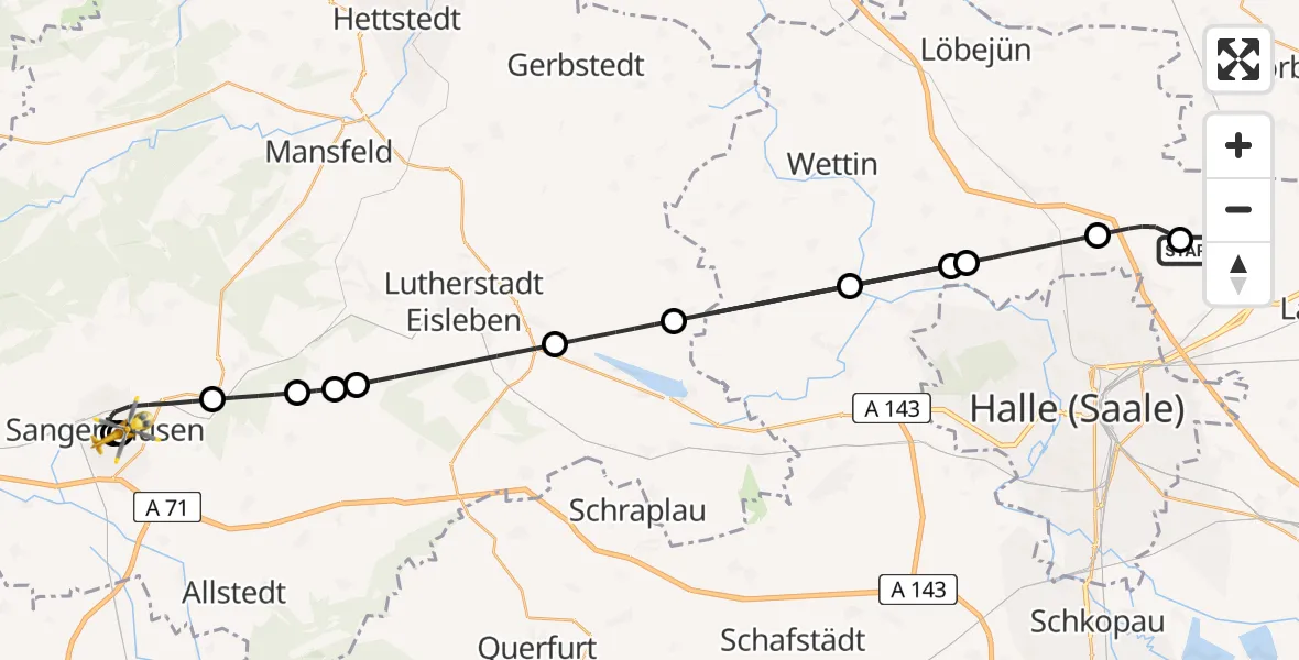 Flugroute Rettungshubschrauber Halle-Oppin Flugplatz - Helios Clinic Mansfeld-Südharz, 14 August 2026, 20:52