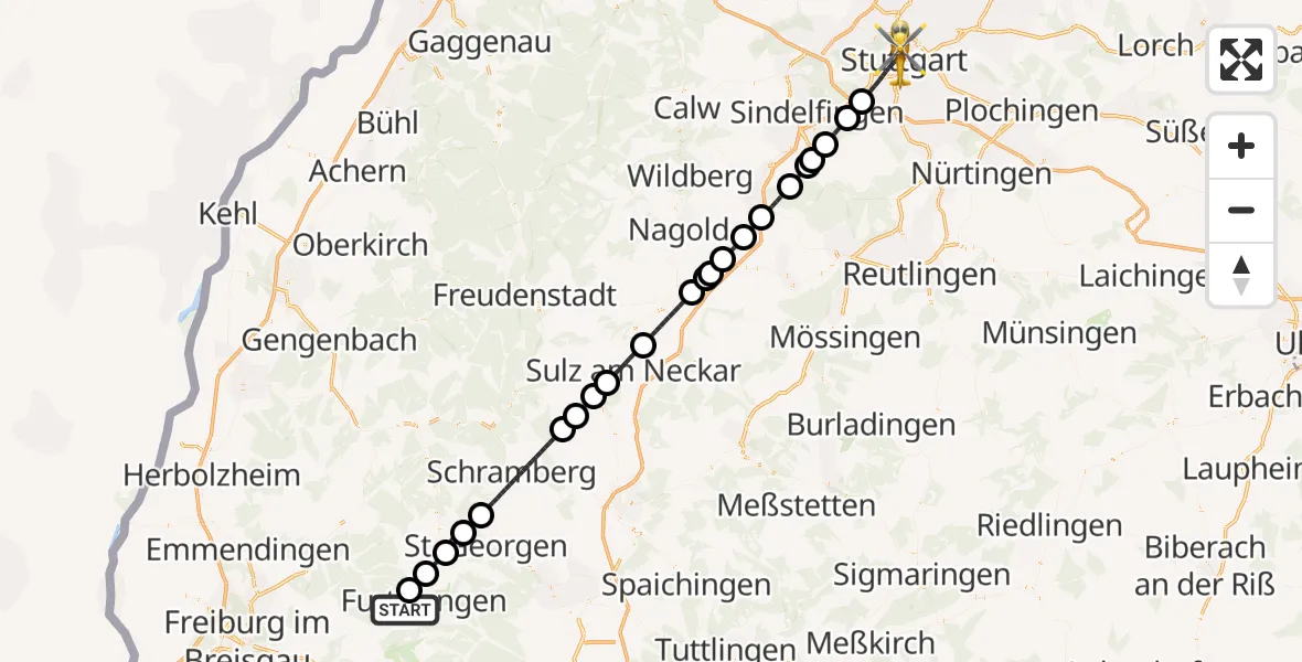Flugroute Ambulanzhubschrauber Gütenbach - Stuttgart, 14 August 2026, 20:52