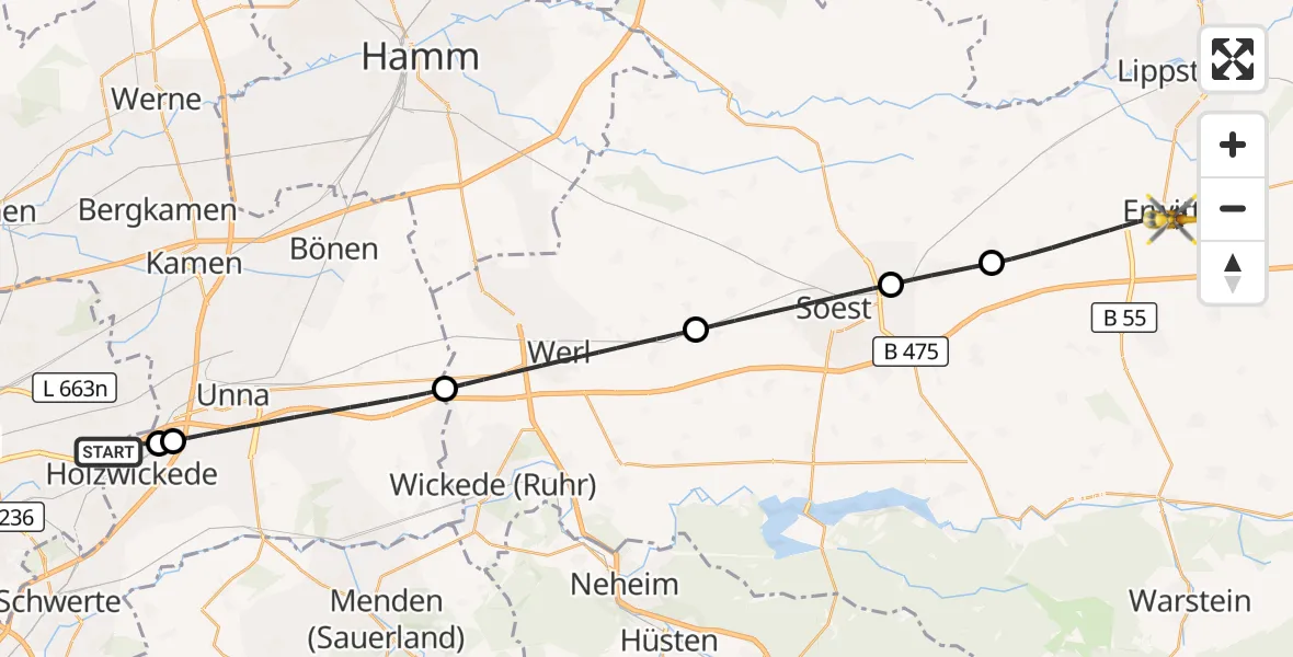 Flugroute Rettungshubschrauber Dortmund Flughafen - Erwitte, 14 August 2026, 21:04