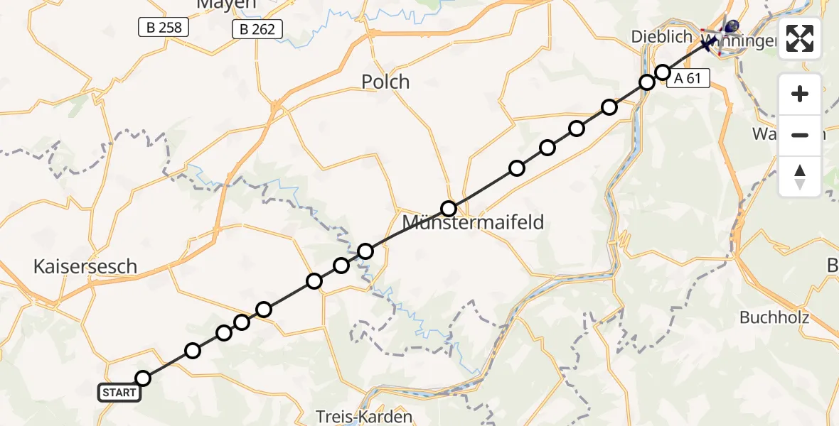 Flugroute Polizeihubschrauber Landkern - Winningen, 14 August 2026, 21:04