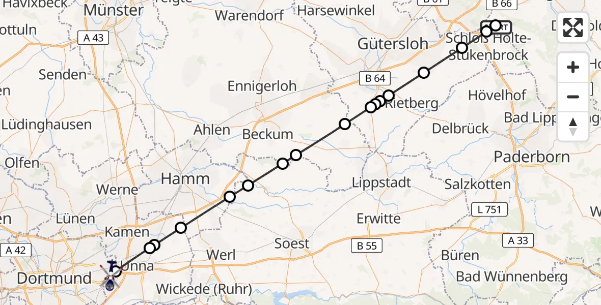 Flugroute Polizeihubschrauber Oerlinghausen Flugplatz - Dortmund Flughafen, 14 August 2026, 21:32