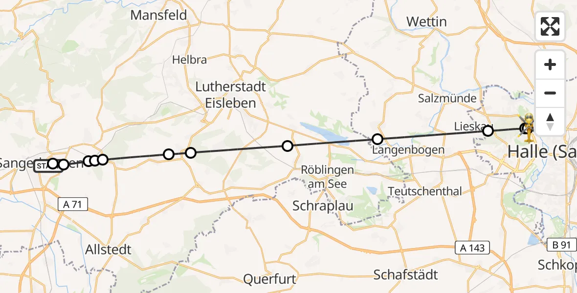 Flugroute Rettungshubschrauber Helios Clinic Mansfeld-Südharz - Halle (Saale) University Hospital, 14 August 2026, 21:38
