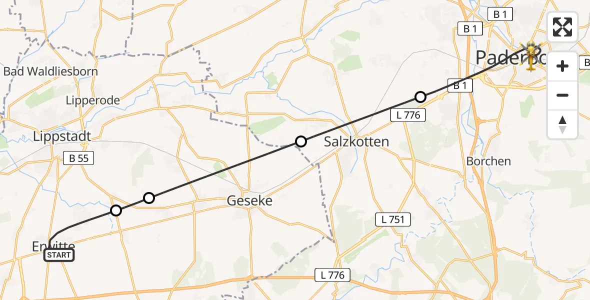 Flugroute Rettungshubschrauber Erwitte - Paderborn, 14 August 2026, 21:44