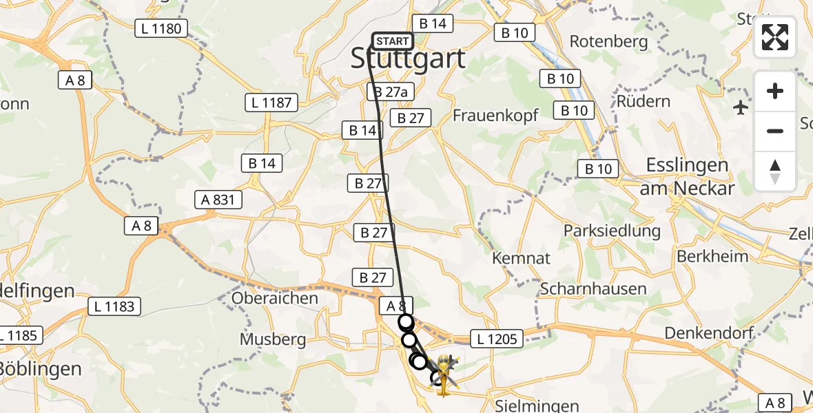 Flugroute Ambulanzhubschrauber Stuttgart - Flughafen Stuttgart, 14 August 2026, 21:54