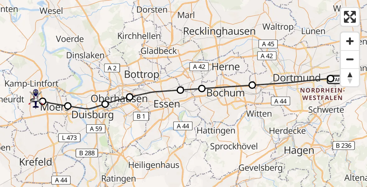 Flugroute Polizeihubschrauber Dortmund Flughafen - Neukirchen-Vluyn, 14 August 2026, 22:21