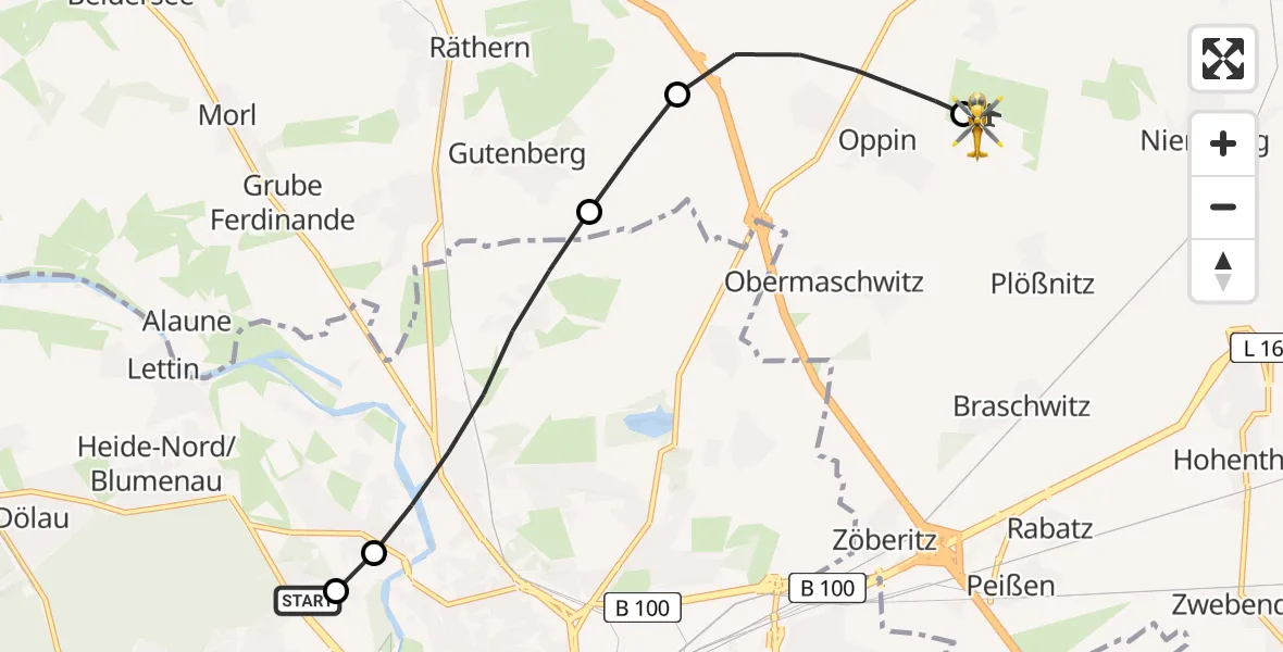 Flugroute Rettungshubschrauber Halle (Saale) University Hospital - Halle-Oppin Flugplatz, 14 August 2026, 22:23
