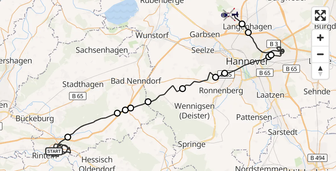 Flugroute Polizeihubschrauber Rinteln - Flughafen Hannover, 14 August 2026, 22:24