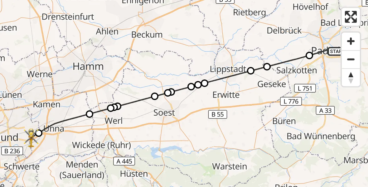 Flugroute Rettungshubschrauber Paderborn - Dortmund Flughafen, 14 August 2026, 22:32