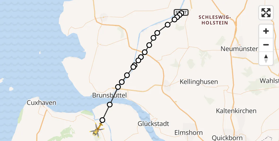 Flugroute Ambulanzhubschrauber Rendsburg-Schachtholm Flugplatz - Cadenberge, 14 August 2026, 22:39
