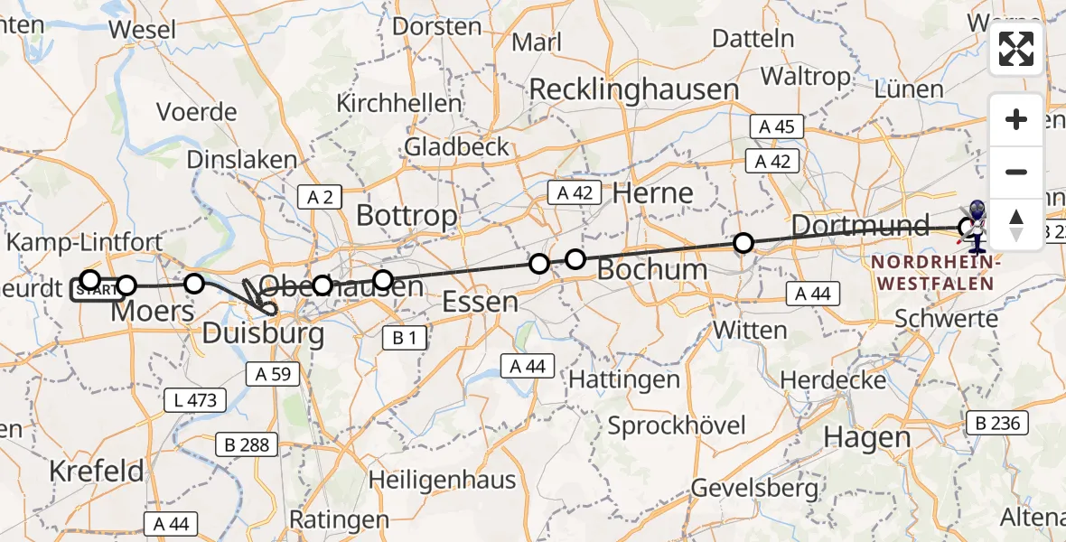 Flugroute Polizeihubschrauber Neukirchen-Vluyn - Dortmund Flughafen, 14 August 2026, 22:59
