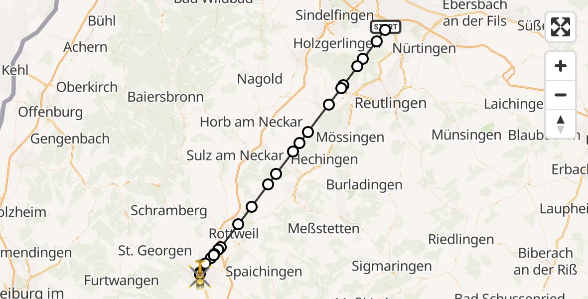 Flugroute Ambulanzhubschrauber Flughafen Stuttgart - DRF Air Rescue Station Villingen-Schwenningen Hubschrauberlandeplatz (Christoph 11), 14 August 2026, 23:07