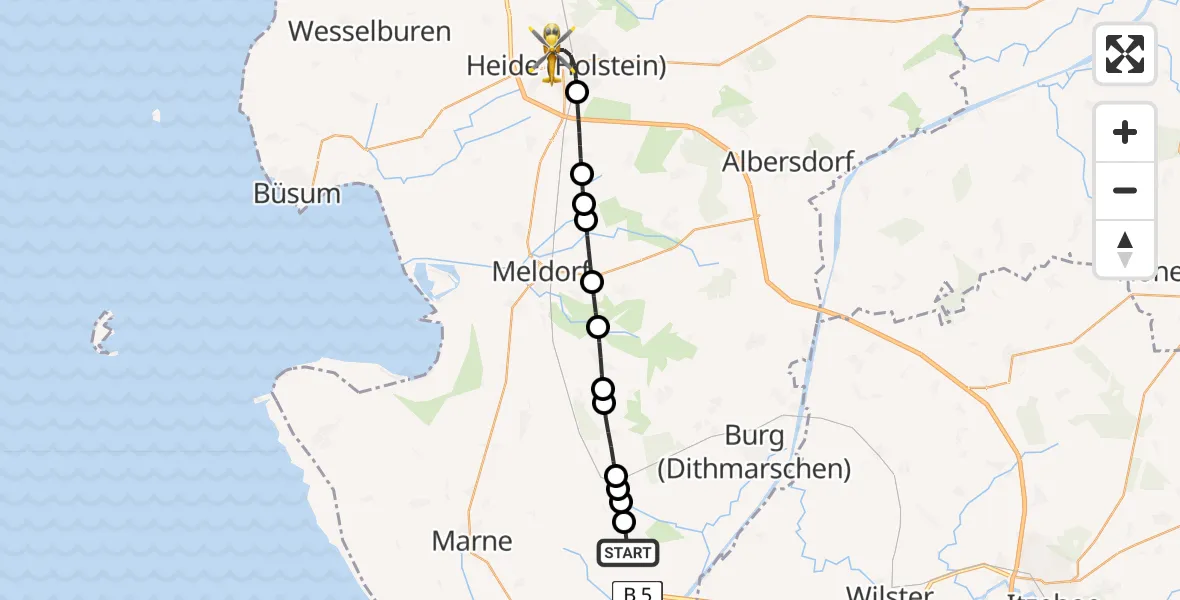 Flugroute Ambulanzhubschrauber Eddelak - Heide, 14 August 2026, 23:38