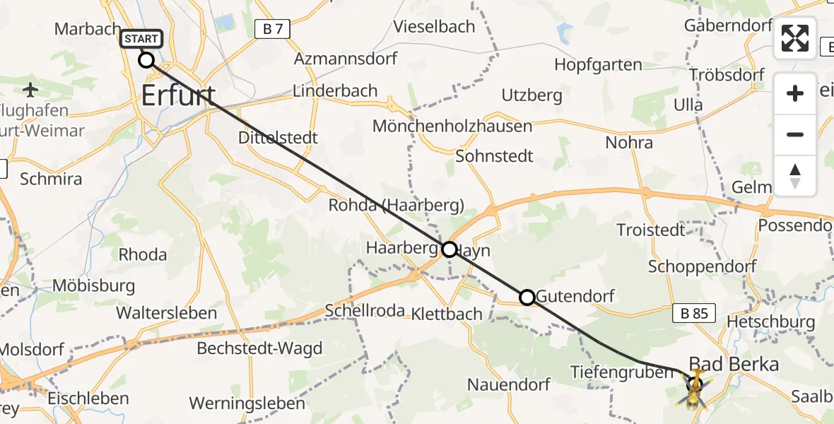 Flugroute Ambulanzhubschrauber Helios Clinic Erfurt - Bad Berka Zentralklinik Hubschrauberlandeplatz, 15 August 2026, 00:49
