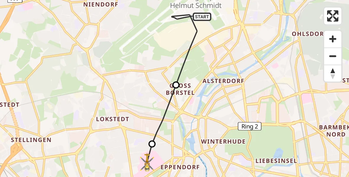 Flugroute Ambulanzhubschrauber Hamburg Helmut Schmidt Flughafen - Universitätsklinikum Hamburg-Eppendorf Hubschrauberlandeplatz, 15 August 2026, 00:53