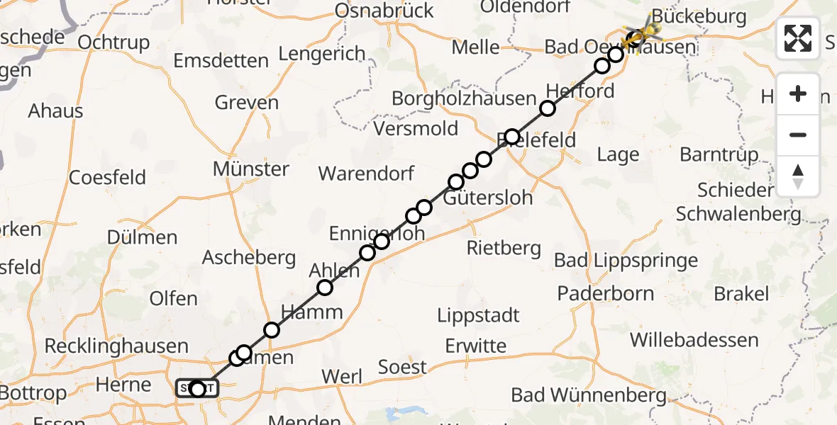 Flugroute Rettungshubschrauber Dortmund Hospital North - Porta Westfalica Flugplatz, 15 August 2026, 01:32