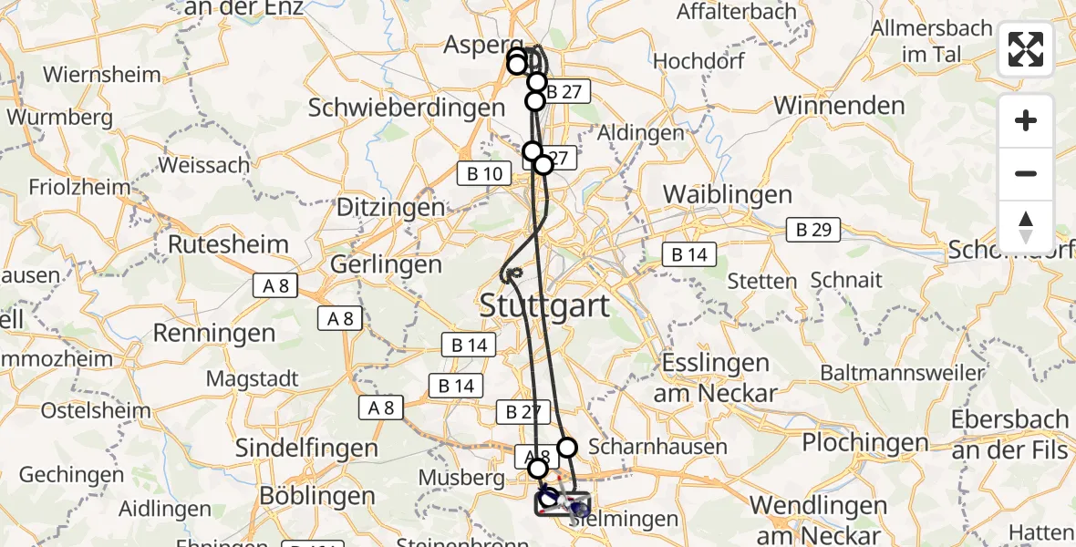 Flugroute Polizeihubschrauber Flughafen Stuttgart - Flughafen Stuttgart, 15 August 2026, 02:03