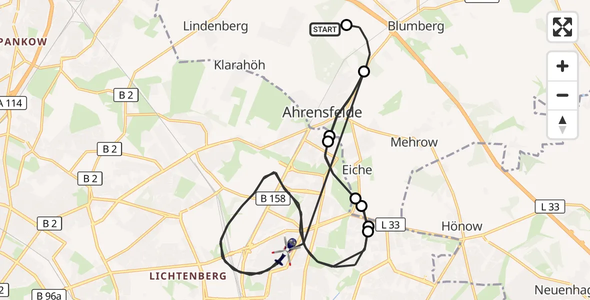 Flugroute Polizeihubschrauber Ahrensfelde Hubschrauberlandeplatz - Berlin, 15 August 2026, 02:41