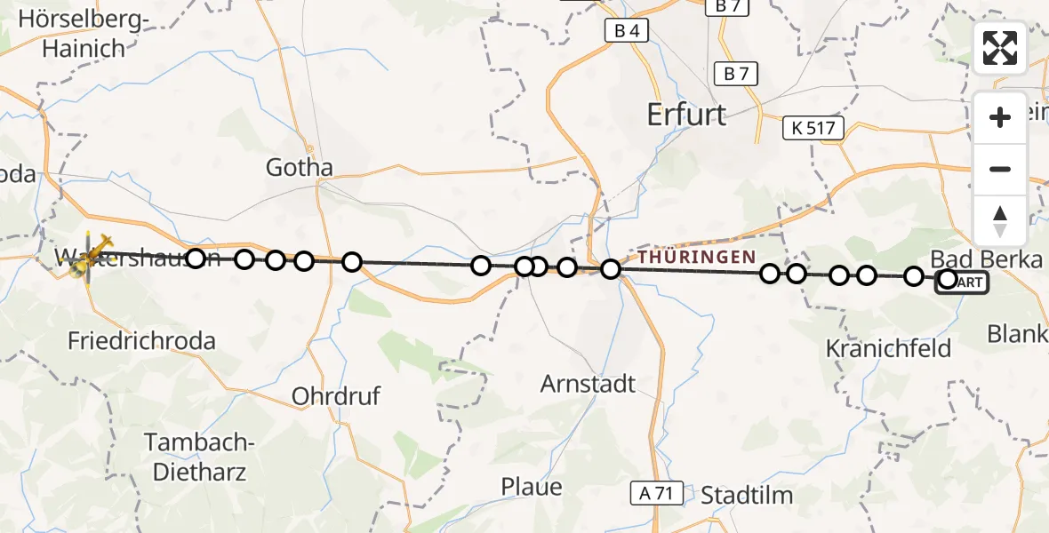 Flugroute Ambulanzhubschrauber Bad Berka Central Hospital - Waltershausen, 15 August 2026, 03:59