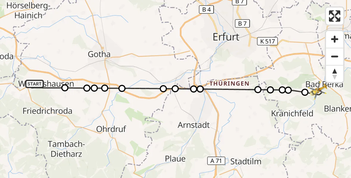 Flugroute Ambulanzhubschrauber Waltershausen - Bad Berka Central Hospital, 15 August 2026, 04:36