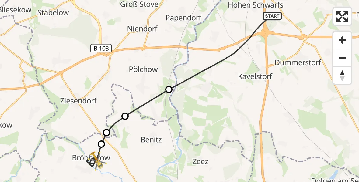 Flugroute Ambulanzhubschrauber Dummerstorf - Bröbberow, 15 August 2026, 05:12