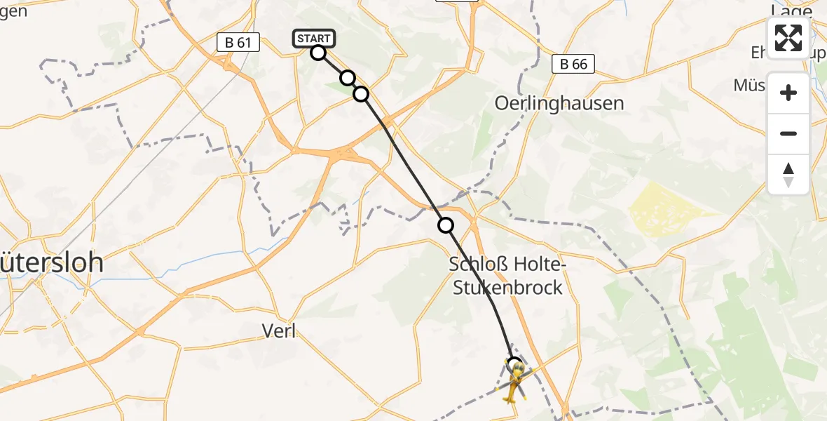 Flugroute Rettungshubschrauber Luftrettungszentrum Bielefeld - Hövelhof, 15 August 2026, 05:18