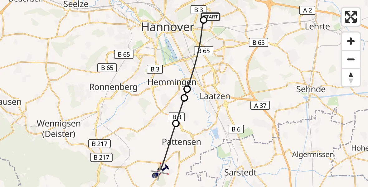 Flugroute Polizeihubschrauber Hannover Luftrettung Hubschrauberlandeplatz (Christoph 4) - Pattensen, 15 August 2026, 05:32