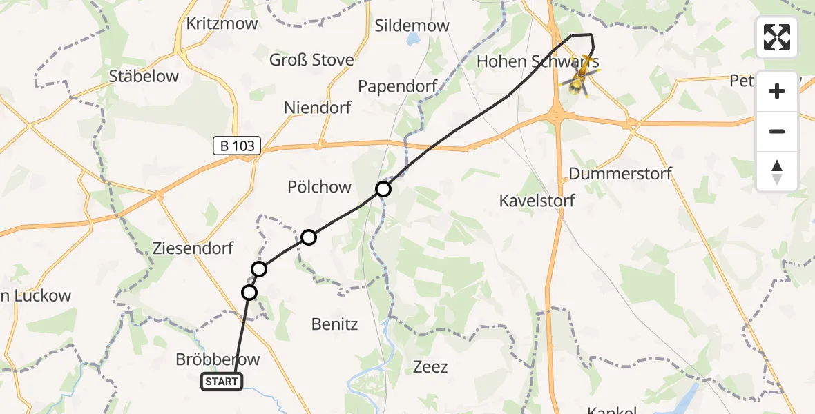 Flugroute Ambulanzhubschrauber Bröbberow - Dummerstorf, 15 August 2026, 05:43