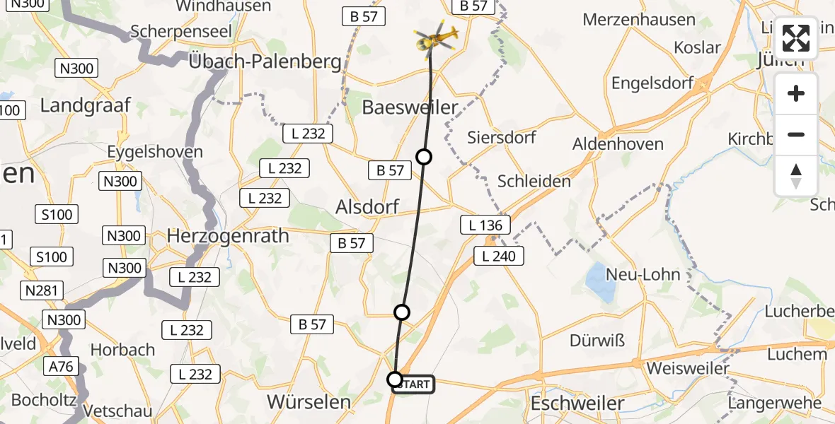 Flugroute Rettungshubschrauber Aachen-Merzbrück Flughafen - Baesweiler, 15 August 2026, 05:50