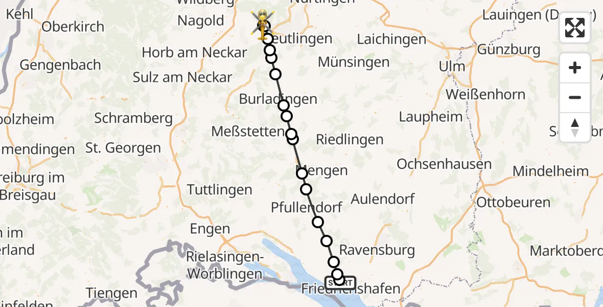 Flugroute Rettungshubschrauber Friedrichshafen Hospital - Tübingen Trauma Hospital, 15 August 2026, 05:51