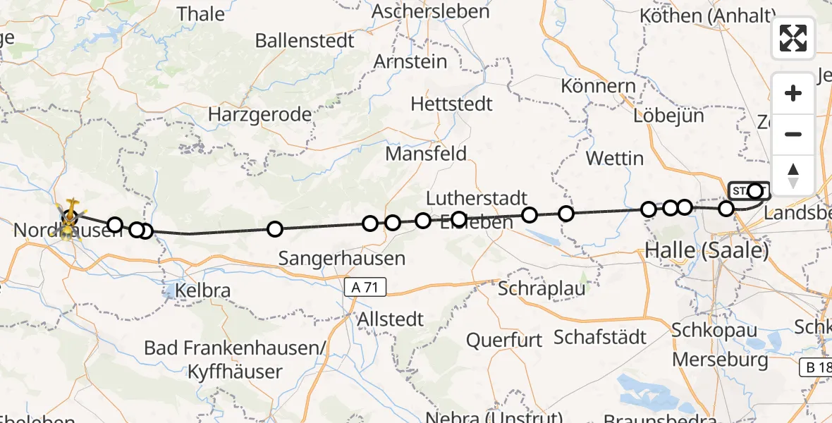 Flugroute Rettungshubschrauber Halle-Oppin Flugplatz - Südharz Hospital Nordhausen, 15 August 2026, 06:02