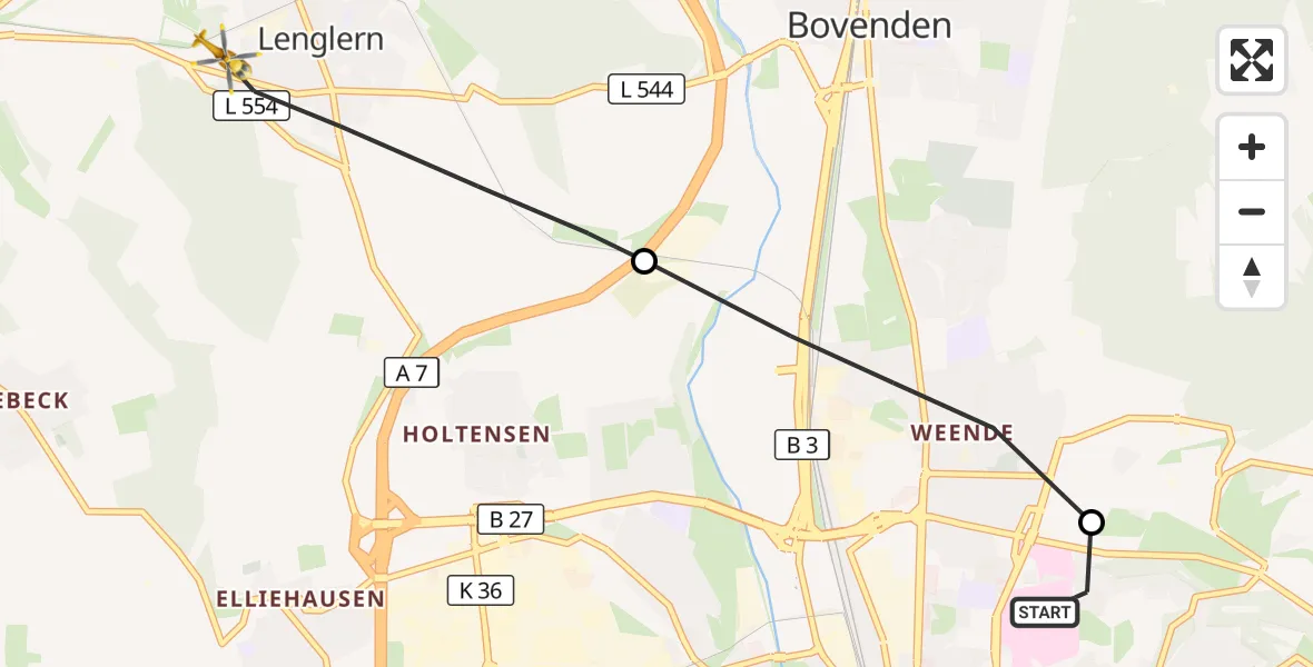 Flugroute Rettungshubschrauber Göttingen University Clinic Hubschrauberlandeplatz - Bovenden, 15 August 2026, 06:08