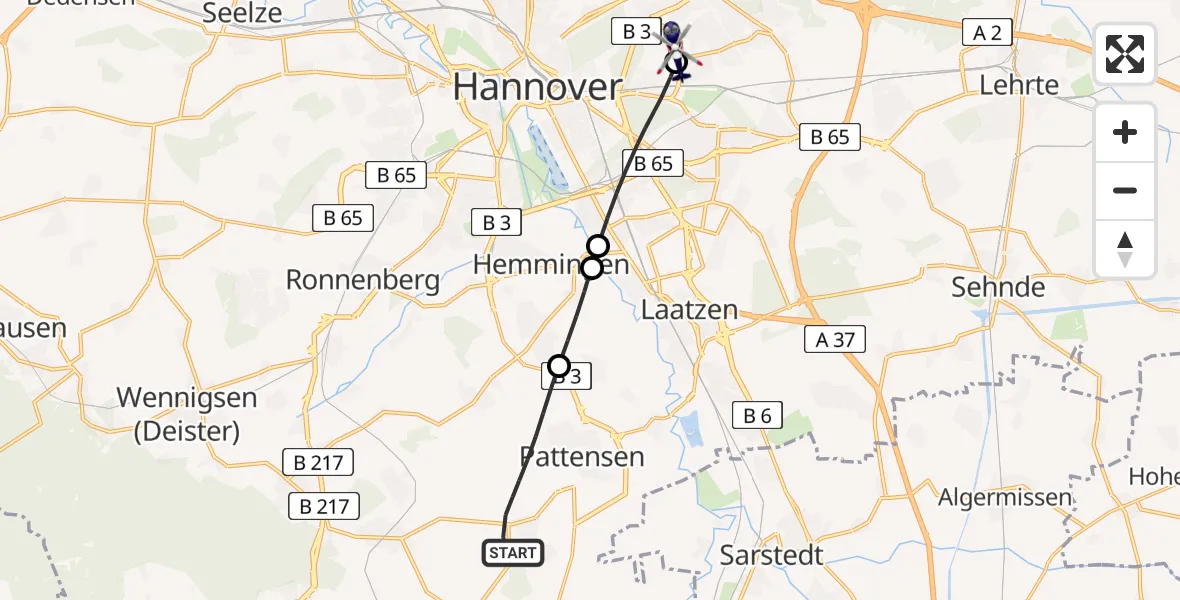 Flugroute Polizeihubschrauber Pattensen - Hannover Luftrettung Hubschrauberlandeplatz (Christoph 4), 15 August 2026, 06:11