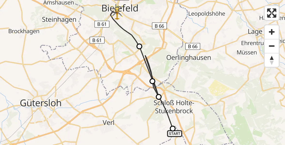 Flugroute Rettungshubschrauber Hövelhof - Bielefeld, 15 August 2026, 06:14