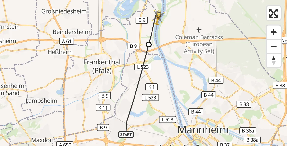 Flugroute Rettungshubschrauber Ludwigshafen am Rhein - Frankenthal (Pfalz), 15 August 2026, 06:18