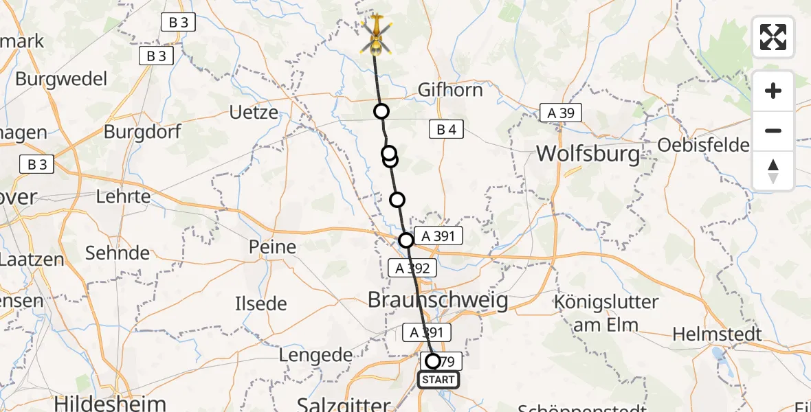 Flugroute Rettungshubschrauber Wolfenbüttel - Müden (Aller), 15 August 2026, 06:18