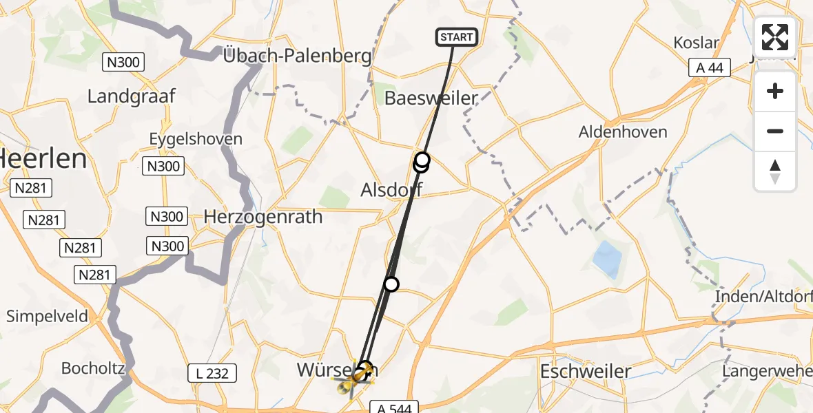 Flugroute Rettungshubschrauber Baesweiler - Rhein-Maas Hospital, 15 August 2026, 06:20