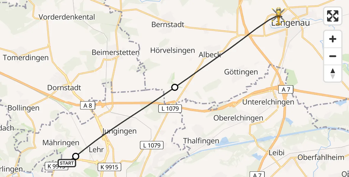 Flugroute Rettungshubschrauber Ulm Military Hospital Emergency - Langenau, 15 August 2026, 06:42