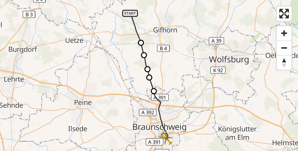 Flugroute Rettungshubschrauber Müden (Aller) - Braunschweig, 15 August 2026, 06:49