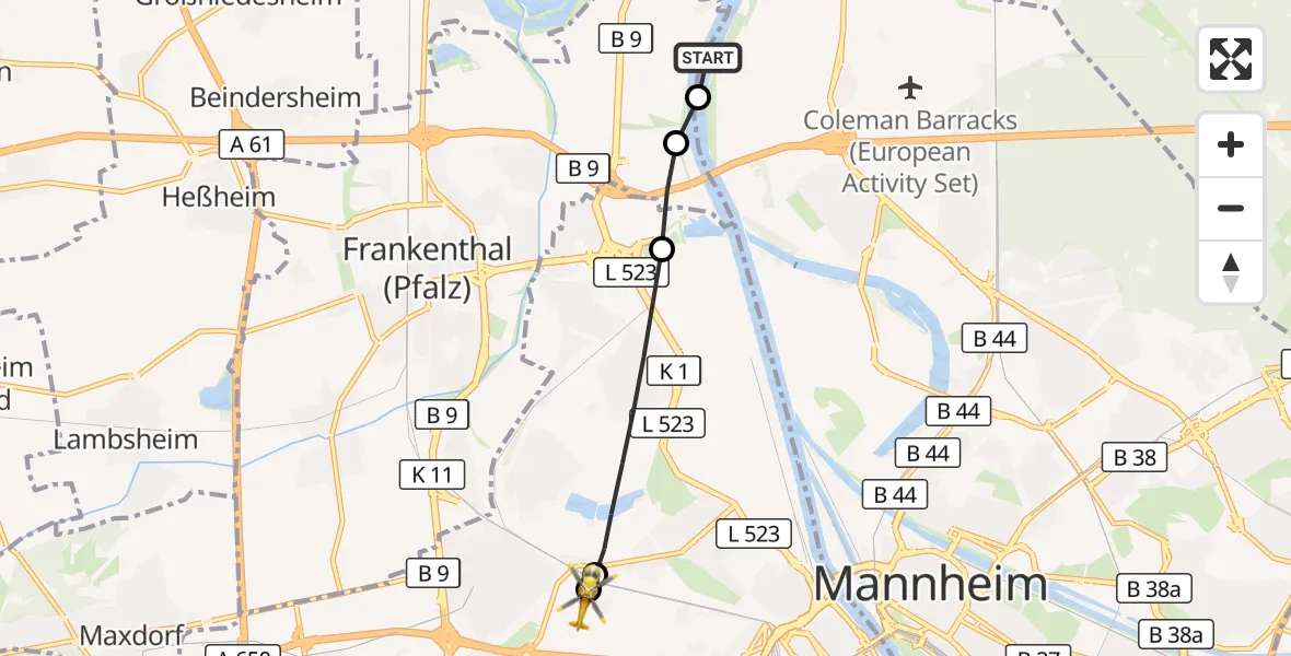 Flugroute Rettungshubschrauber Frankenthal (Pfalz) - Ludwigshafen Accident Hospital, 15 August 2026, 06:50