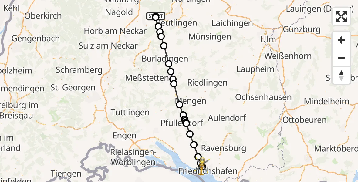 Flugroute Rettungshubschrauber Tübingen Trauma Hospital - Friedrichshafen Hospital, 15 August 2026, 06:52