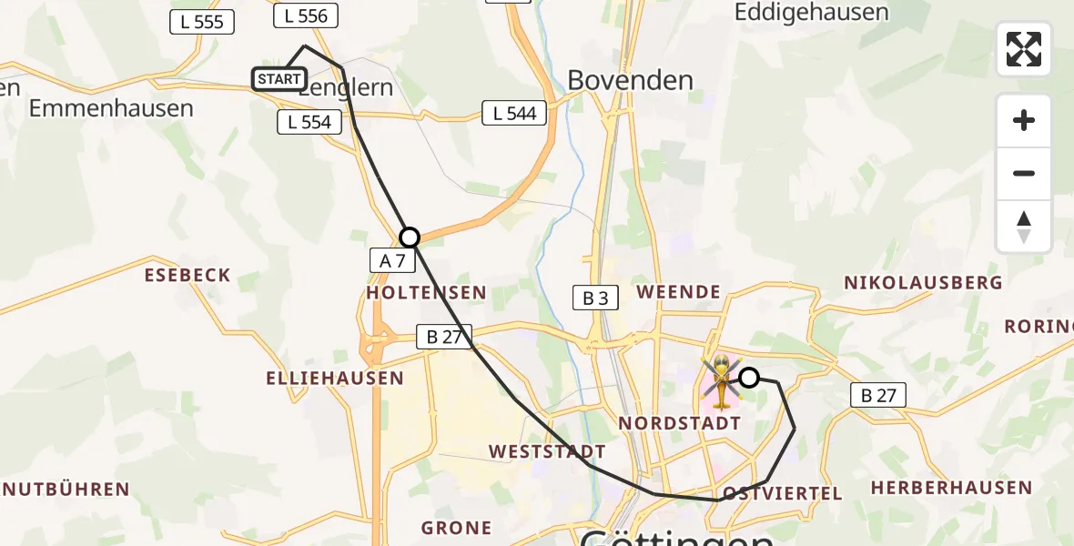Flugroute Rettungshubschrauber Bovenden - Göttingen University Clinic Hubschrauberlandeplatz, 15 August 2026, 06:52