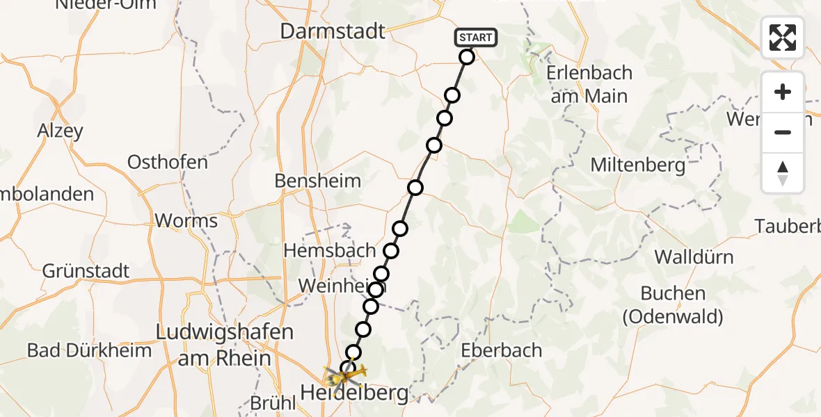 Flugroute Rettungshubschrauber Groß-Umstadt - Heidelberg, 15 August 2026, 06:53