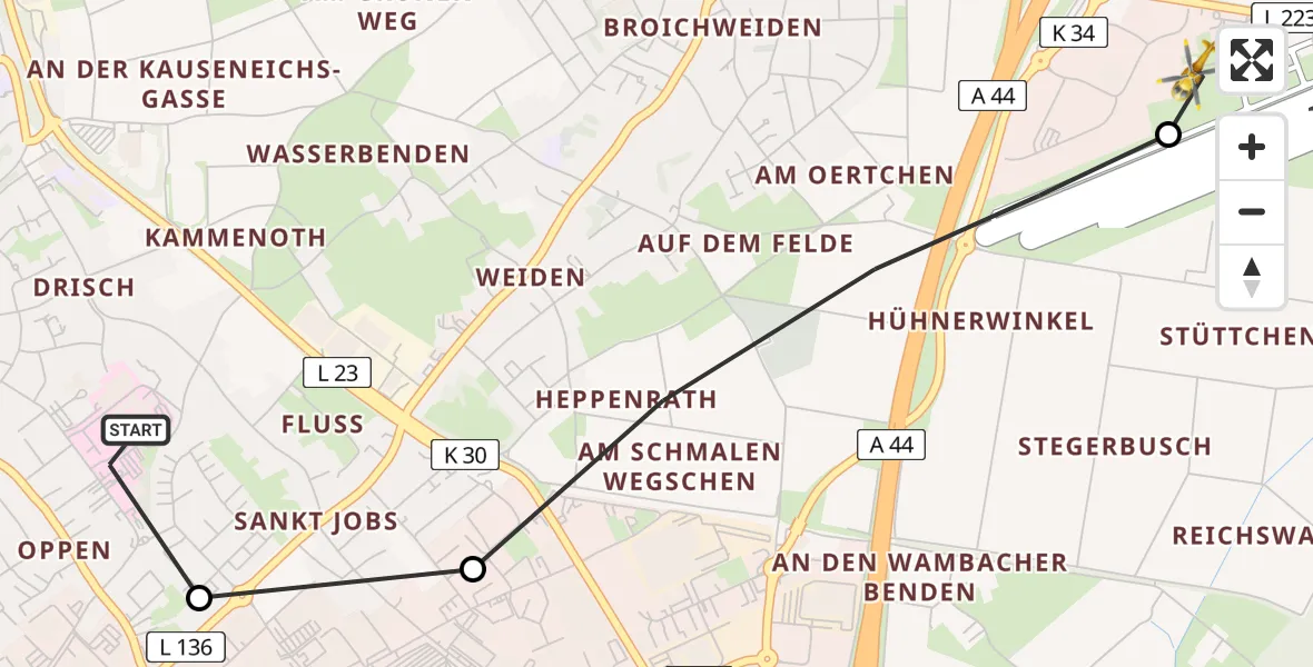 Flugroute Rettungshubschrauber Rhein-Maas Hospital - Aachen-Merzbrück Flughafen, 15 August 2026, 06:56