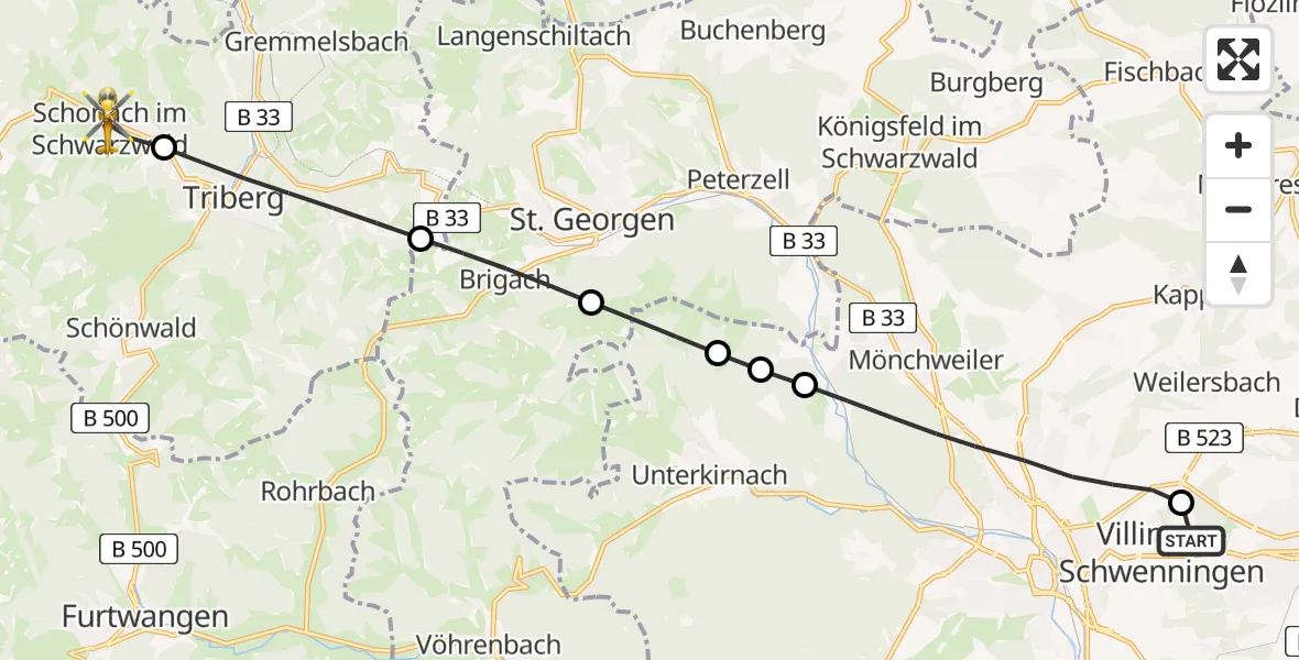 Flugroute Ambulanzhubschrauber DRF Air Rescue Station Villingen-Schwenningen Hubschrauberlandeplatz (Christoph 11) - Schonach im Schwarzwald, 15 August 2026, 07:00