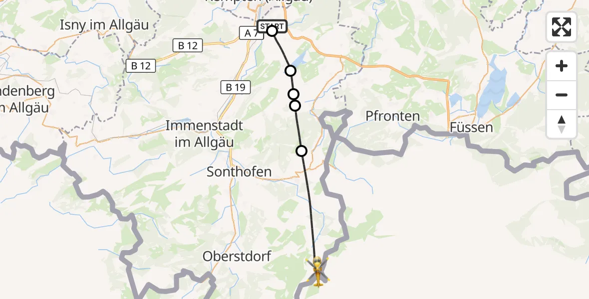 Flugroute Rettungshubschrauber Kempten-Durach Flugplatz - Bad Hindelang, 15 August 2026, 07:07
