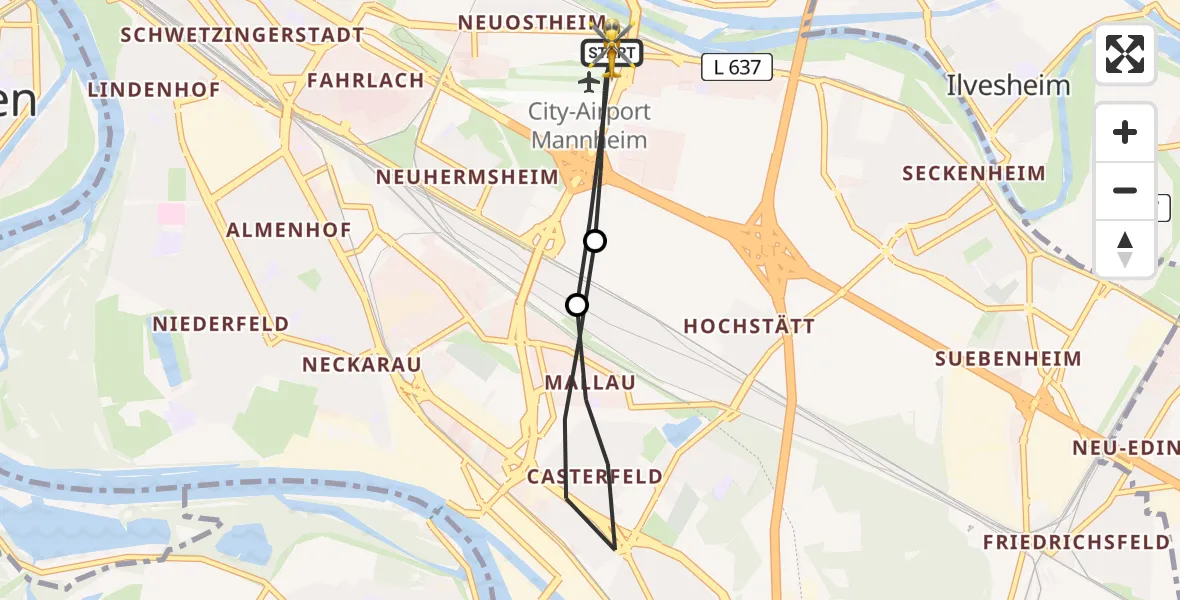 Flugroute Rettungshubschrauber Mannheim-City Flughafen - Mannheim-City Flughafen, 15 August 2026, 07:12
